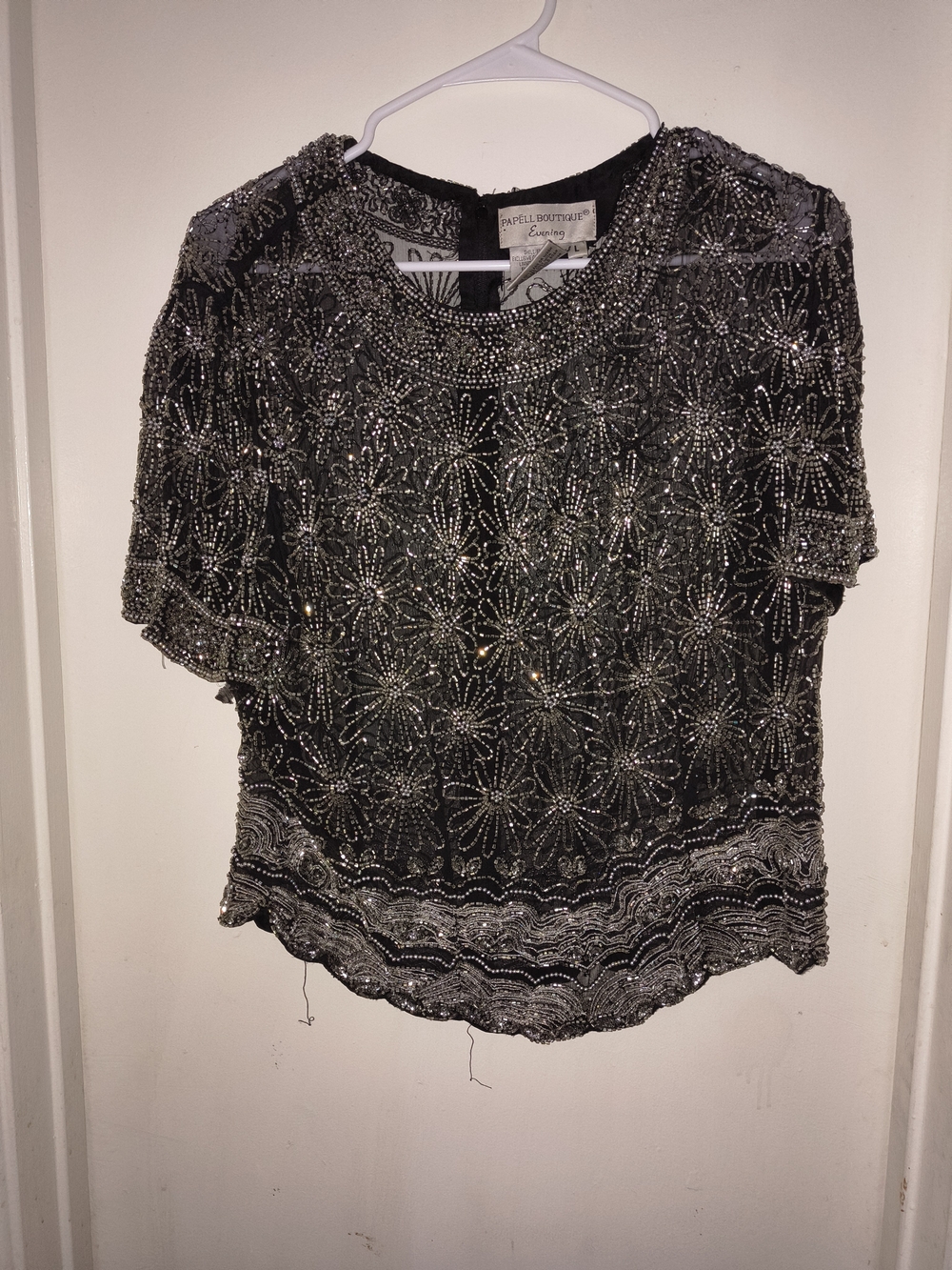 Papell Boutique Black Beaded Floral Short Sleeve Top